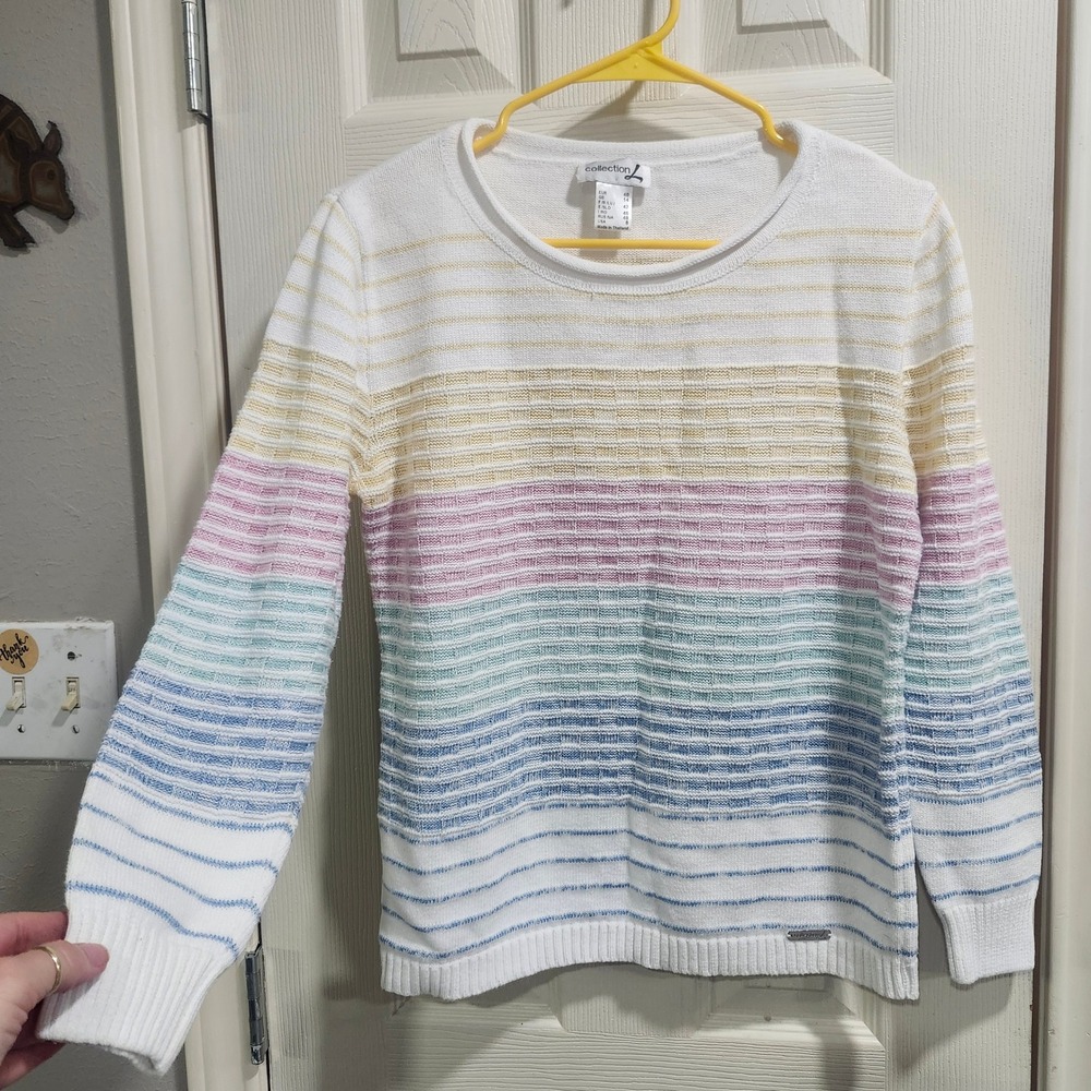 Collection L Pastel Rainbow Striped Textured Knit Sweater Womens 8 Crew Neck